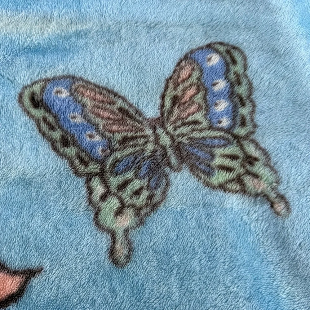 Vintage Deer Bunny Butterfly Flowers Plush Minky Blanket Blue 42x54 GUC